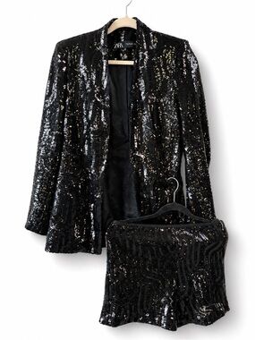 Zara Black Sequin Blazer and Mini Short Set